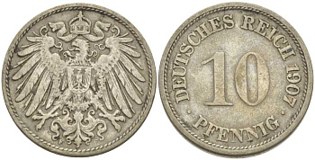 Германия 10 пфеннигов 1907 F KM 12, J. 13, Weege 8 медно-никель 259-931