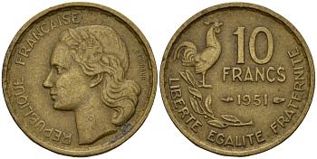 Франция 10 франков 1951 петух KM 915.1, Le Franc 363.4 алюминиевая бронза 4156-716