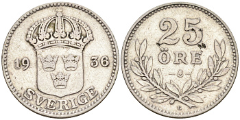Швеция 25 эре 1936 G, Густав V (1907-1950) KM 785 серебро 4124-661