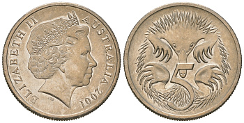 Австралия 5 центов 2001 Елизавета II (1952-2022), ехидна KM 401 медно-никель 4623-369