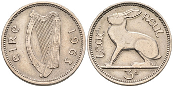 Ирландия 3 пенса 1963 заяц KM 12а медно-никель 92-234