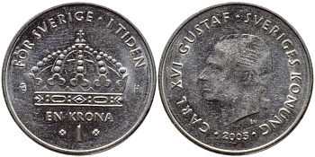 Швеция 1 крона 2005 Карл XVI Густав (1973- ) KM 894 медно-никель 177-756