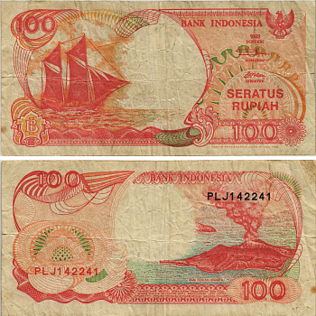 ИНДОНЕЗИЯ 100 РУПИЙ 1992/1996 ПАРУСНИК PINISI, ВУЛКАН ANAK KRAKATAU Pick 127е бумага 8604-50-3-2