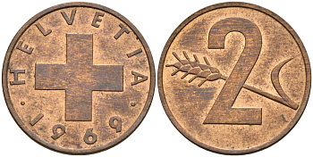Швейцария 2 раппена 1969 KM 47 бронза 4525-521