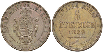 Саксония 5 пфеннигов 1869 В, Иоганн (1854-1873), Альбертинская линия KM 1218, Jaeger 123, AKS 151 медь 4385-742