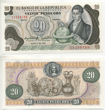 Колумбия 20 песо 1983 Франсиско Хосе де Кальдас, музей золота Pick 409d бумага UNC (пресс) 7204-62-2