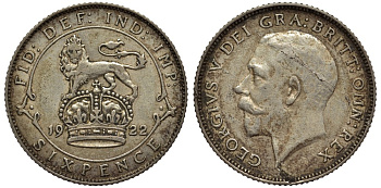 Великобритания 6 пенсов 1922 Георг V (1910-1936) KM 815а.1, Spink 4024 серебро 4539-127