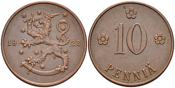 Финляндия 10 пенни 1928 республика (1918-1962) KM 24 медь 4591-314