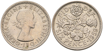 Великобритания 6 пенсов 1959 Елизавета II (1952-2022) KM 903, Spink 4149 медно-никель 4561-1045
