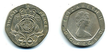 Великобритания 20 пенсов 1982 Елизавета II (1952-2022) KM 931, Spink 4230 (G1) медно-никель 4110-952