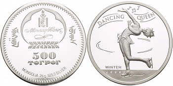 Монголия 500 тугриков 2006 танцующая королева, фигурное катание, алмаз серебро PROOF 1088-3-61