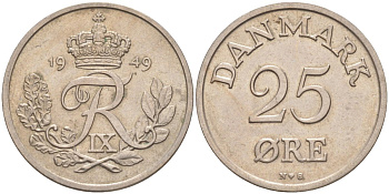 Дания 25 эре 1949 N; S, Фредерик IX (1947-1972) KM 842.1 медно-никель 94-836