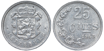 Люксембург 25 сантимов 1963 KM 45a.1 алюминий 4549-613