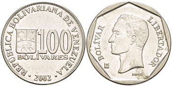 Венесуэла 100 боливаров 2002 KM 83 сталь плакированная никелем 217-755
