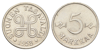 Финляндия 5 марок 1958 KM 37a железо плакированное никелем 4668-867