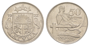 Латвия 50 сантимов 1922 год-тип KM 6 никель aUNC 4657-736