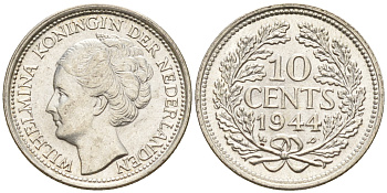 Нидерланды 10 центов 1944 P, Вильгельмина I (1890-1948) KM 163 серебро  4160-1246