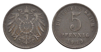 Германия 5 пфеннигов 1919 J KM 19, J. 297, Weege 5 железо плакированное цинком 4640-165