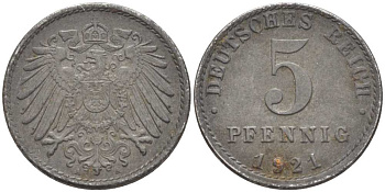 ГЕРМАНИЯ 5 ПФЕННИГОВ 1921 A KM 19, J. 297, Weege 5 железо 206-752