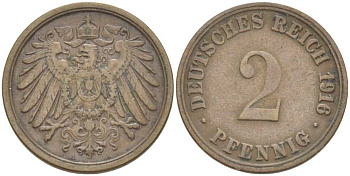 Германия 2 пфеннига 1916 A KM 16, J. 11, Weege 4 медь 212-425