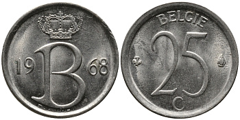 Бельгия 25 сантимов 1968 Belgie, Бодуэн I (1951-1993) KM 154.1 медно-никель 99-355