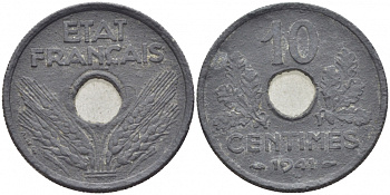 ФРАНЦИЯ 10 САНТИМОВ 1941 ПРАВИТЕЛЬСТВО ВИШИ KM 898.1 цинк 4448-227