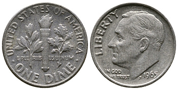 США 10 ЦЕНТОВ = 1 ДАЙМ 1965 РУЗВЕЛЬТ KM 195а медь плакированная медно-никелем 08-1351