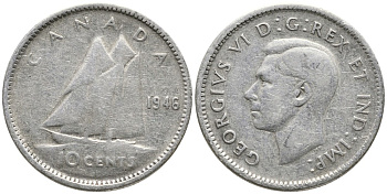 Канада 10 центов 1946 Георг VI (1937-1952), парусник KM 34 серебро 4532-744