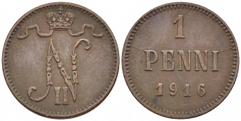 РОССИЯ ДЛЯ ФИНЛЯНДИИ 1 ПЕННИ 1916 НИКОЛАЙ II (1895-1917) KM 13, Биткин 476 медь 211-1051