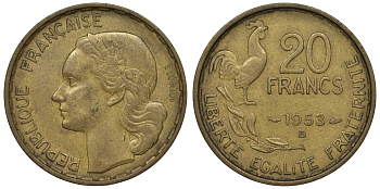 Франция 20 франков 1953 В, петух, 4 пера KM 917.2, Le Franc 402.12 алюминиевая бронза 4128-542