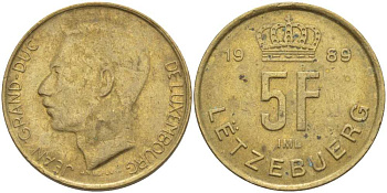 ЛЮКСЕМБУРГ 5 ФРАНКОВ 1989 ГЕРЦОГ ЖАН (1964-2000) KM 65 латунь 4402-244