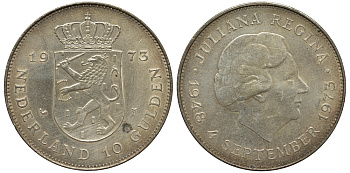 Нидерланды 10 гульденов 1973 25 лет правления королевы Юлианы KM 196 серебро aUNC 443-213