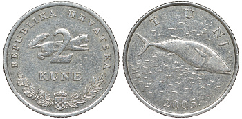 Хорватия 2 куны 2005 тунец, легенда на хорватском KM 10 медно-никель 4513-846