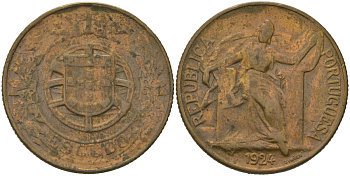 Португалия 1 эскудо 1924 KM 576 алюминиевая бронза 4579-114