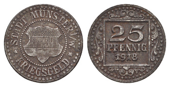 Мюнстер в Вестфалии 25 пфеннигов 1918 Funck 350.4, Men18 22668.3 железо 4642-447