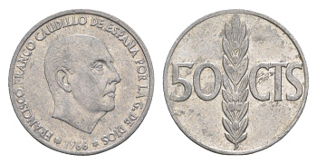 Испания 50 сентимо 1966 (68) Франсиско Франко (1939-1975) KM 795 алюминий 4611-415