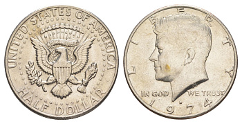 США 1/2 доллара (50 центов) 1974 D, Джон Кеннеди KM 202b медь плакированная медно-никелем aUNC 4123-815