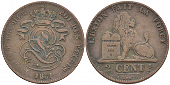 БЕЛЬГИЯ 2 САНТИМА 1861 BELGES KM 4.2 медь 4448-723