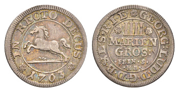 Брауншвейг-Каленберг-Ганновер 4 мариенгроша 1703 HB, Георг I (1698-1727), из коллекции Ричарда Б. Смита Welter 2197, KM 33 серебро 1525-545