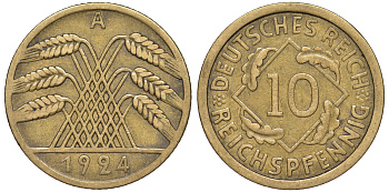 Германия 10 рейхспфеннигов 1924 A KM 40, J. 317 алюминиевая бронза 4604-653