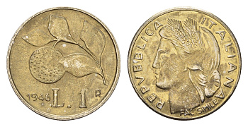 Италия копия монеты - жетон - 1 лира 1946 диаметр 20 мм, вес 2,3 гр тип - KM 87 латунь 4669-262