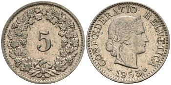Швейцария 5 раппенов 1955 KM 26 медно-никель 4596-645