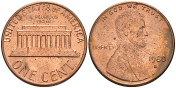 США 1 цент 1980 D, Авраам Линкольн KM 201 медь цинк 188-217