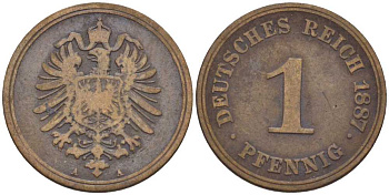 ГЕРМАНИЯ 1 ПФЕННИГ 1887 A, СТАРОГЕРБОВКА KM 1, J. 1, Weege 1 медь 206-1253