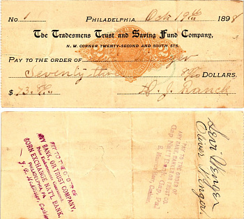 США чек на 73,80 долларов 1898 Филадельфия бумага 2196-25-2-2
