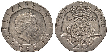 Великобритания 20 пенсов 1998 Елизавета II (1952-2022) KM 990, Spink 4630 (G3) медно-никель 4122-1132