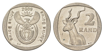 ЮАР 2 ранда 2009 KM 469 медь плакированная никелем aUNC 4628-231