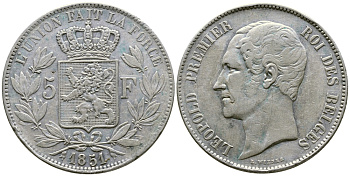 Бельгия 5 франков 1851 Леопольд I (1831-1865) KM 17 серебро 00-1067-5-24