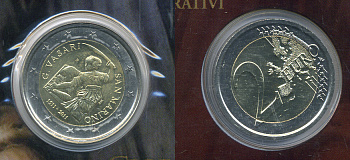 Сан-Марино 2 евро 2011 ДЖОРДЖИО ВАЗАРИ, в оригинальном буклете KM NEW биметалл UNC 00-00