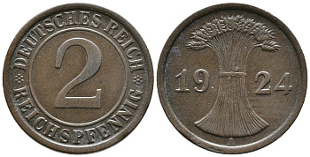 ГЕРМАНИЯ 2 РЕЙХСПФЕННИГА 1924 A KM 38, J. 314 бронза 24-731